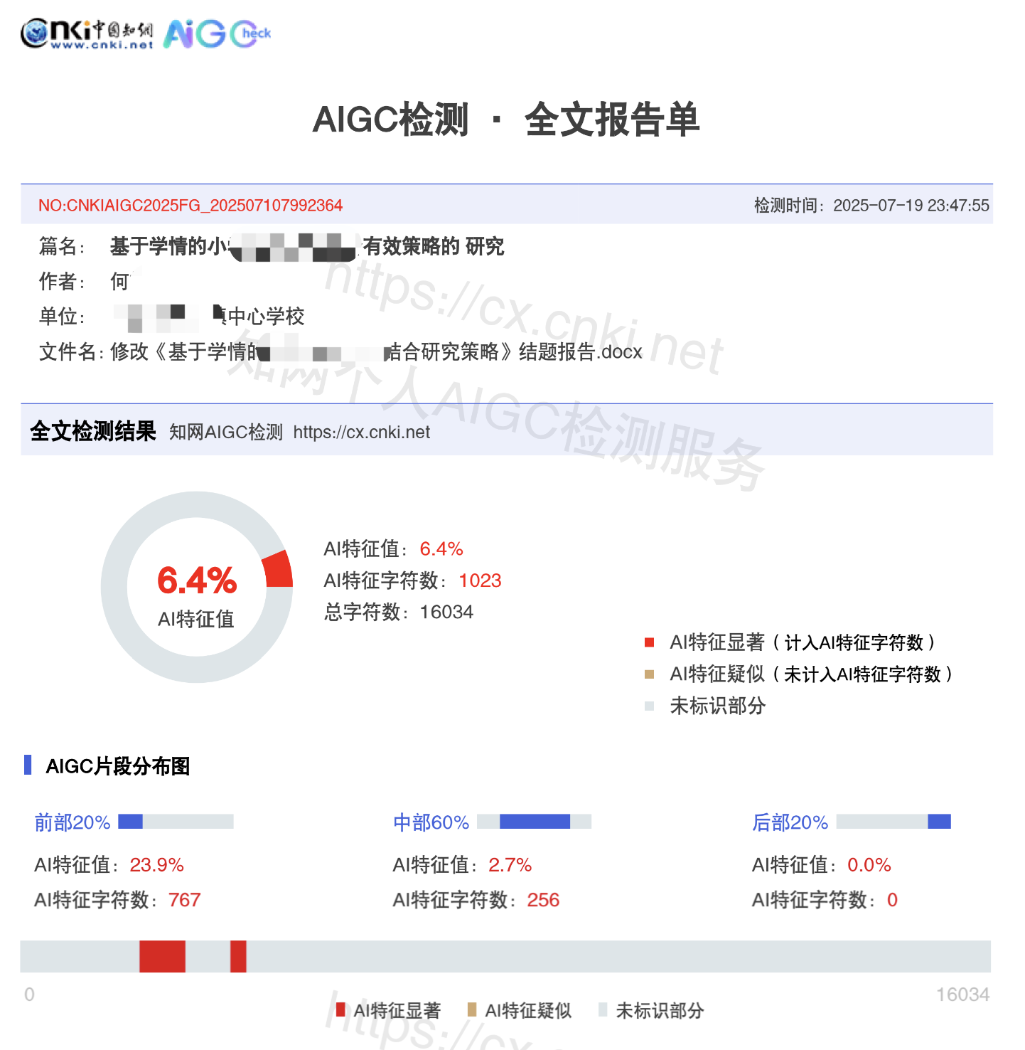 知网降AIGC后6.4%AI检测率截图